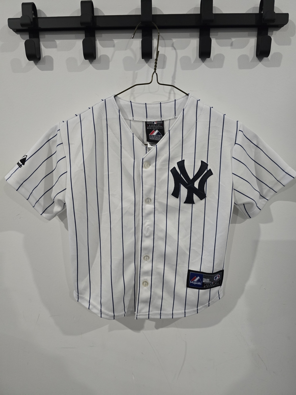 Majestic White Pinstripe Kids Baseball Jersey with Navy Logo